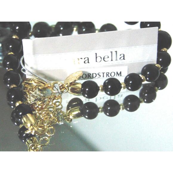 NEW Sara Bella Black Onyx Glass Bead NECKLACE 34" Adj Mother Of Pearl Nordstrom - Picture 5 of 11